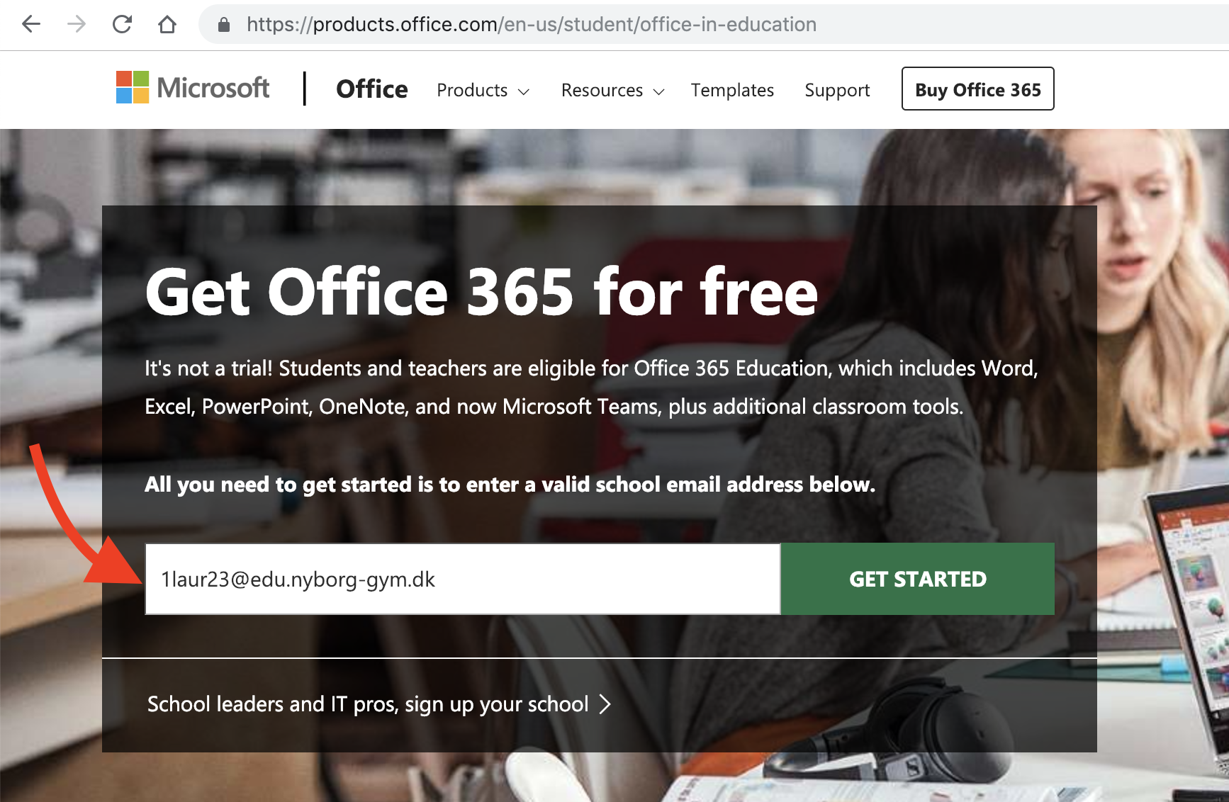 Where to type in school email